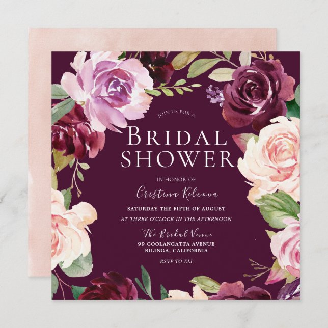 Botanical Burgundy Blush Watercolor Bridal Shower Invitation (Front/Back)