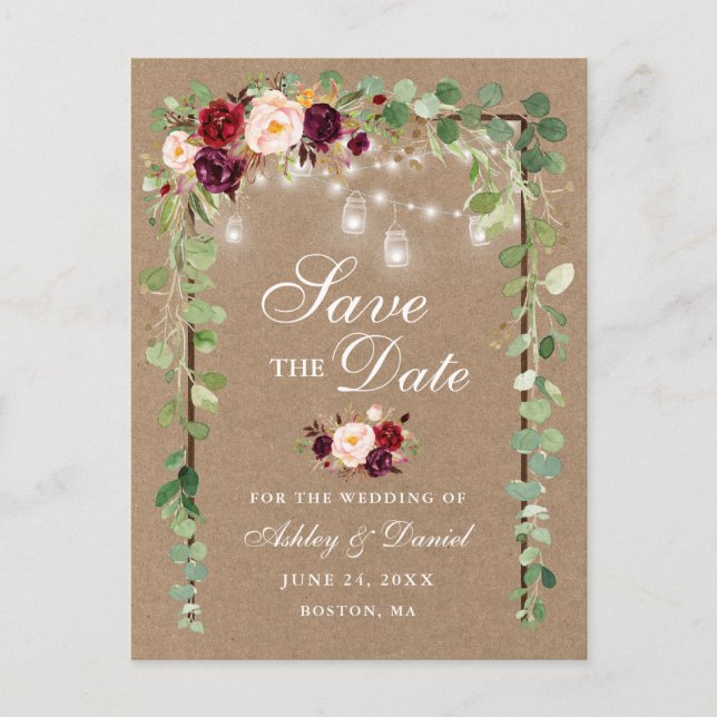 Botanical Burgundy Floral Save The Date Kraft Announcement Postcard (Front)