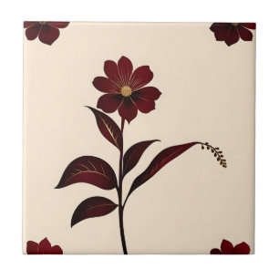 Botanical Burgundy Flowers with Gold Ceramic Tile