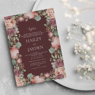 Botanical burgundy pink mint green peonies wedding invitation