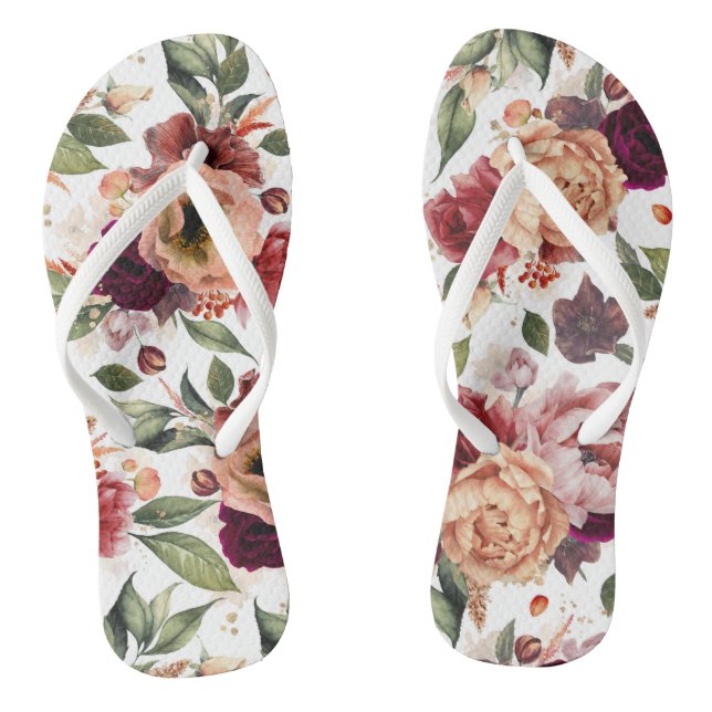 Botanical Burgundy Red and Orange Floral Pattern Thongs (Footbed)