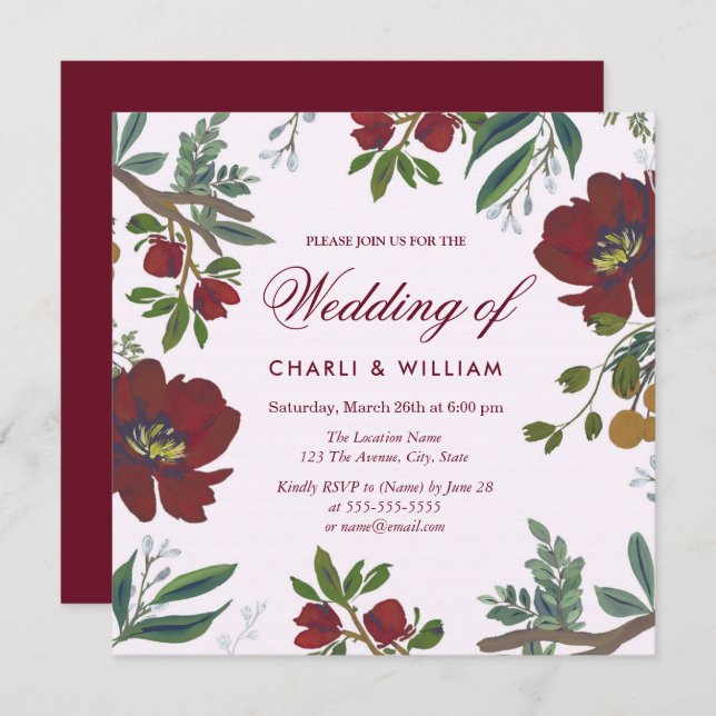 Botanical Burgundy Red Elegant Wedding Invite (Front/Back)