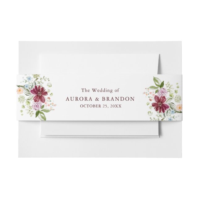 Botanical Burgundy Wildflower Wedding  Invitation Belly Band (Front Example)