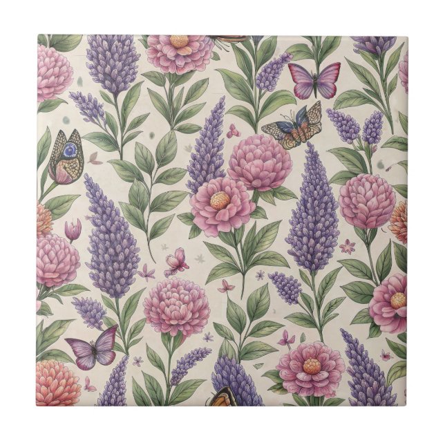 Botanical Butterflies Lavender Garden Ceramic Tile (Front)