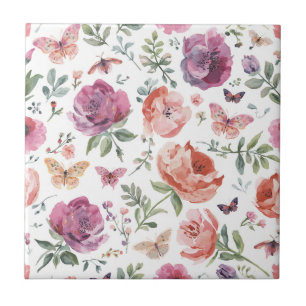 Botanical Butterfly Garden Watercolor Floral Ceramic Tile