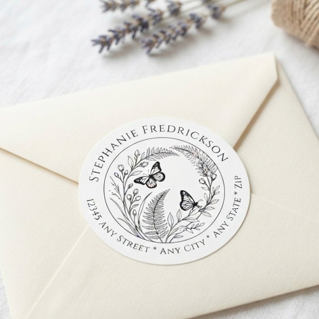Botanical Butterfly Return Address (Delicate butterfly and botanical design perfect for adding a breezy touch to garden party mail.)