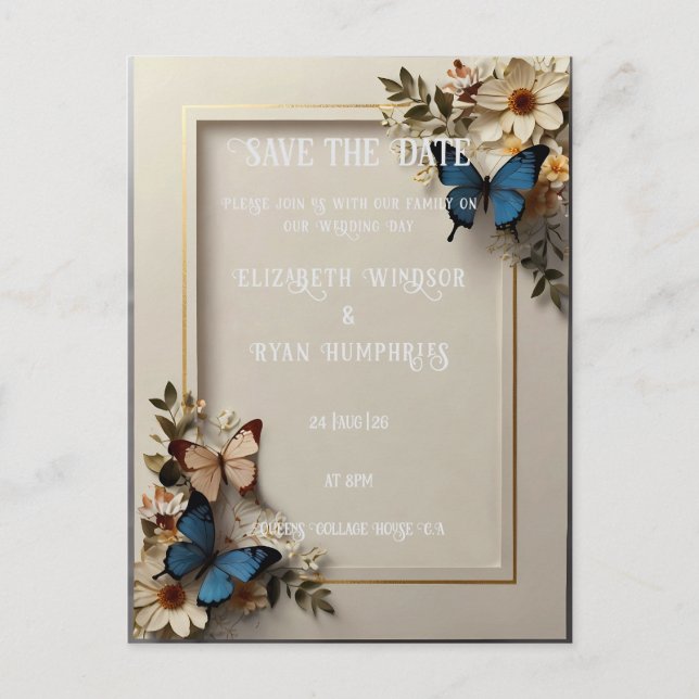Botanical Butterfly Wedding Invitation Postcard (Front)