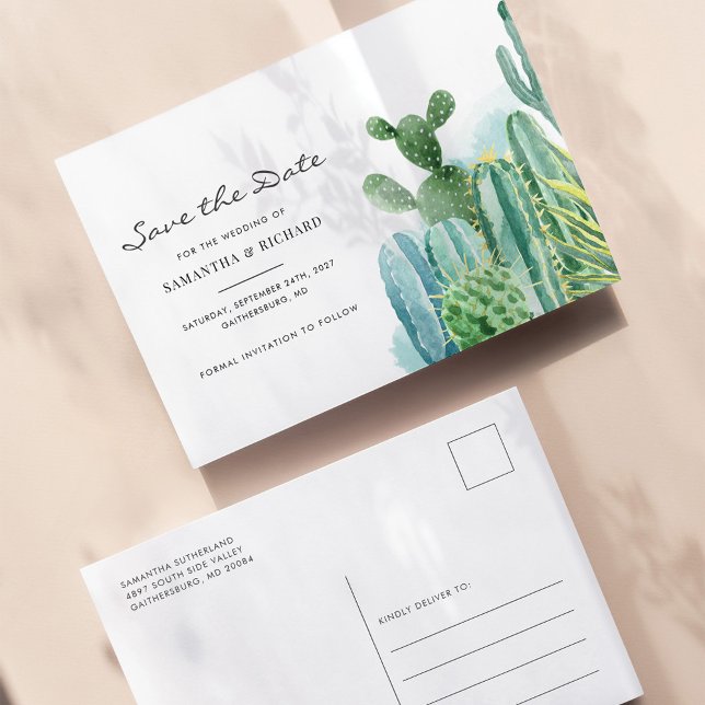 Botanical Cacti Watercolor Wedding Save The Date Announcement Postcard (Cacti Watercolor Wedding Save the Date Postcard)