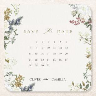Botanical Calendar Save the Date Card Template Square Paper Coaster