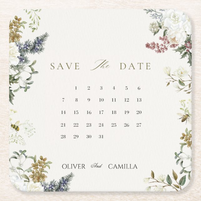 Botanical Calendar Save the Date Card Template Square Paper Coaster (Front)