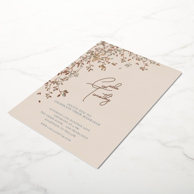 Botanical Caligraphy Beige Wedding Foil Invitation (Rotated)
