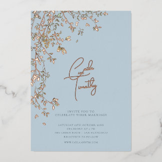 Botanical Caligraphy Wedding Blue Foil Invitation