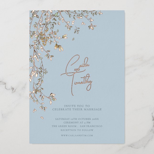 Botanical Caligraphy Wedding Blue Foil Invitation (Front)