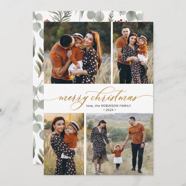 Botanical Calligraphy 4 Multi Photo Christmas  Holiday Card (Front/Back)