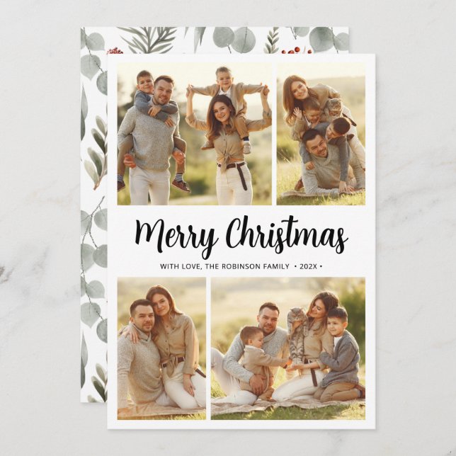 Botanical Calligraphy 4 Multi Photo Christmas  Holiday Card (Front/Back)