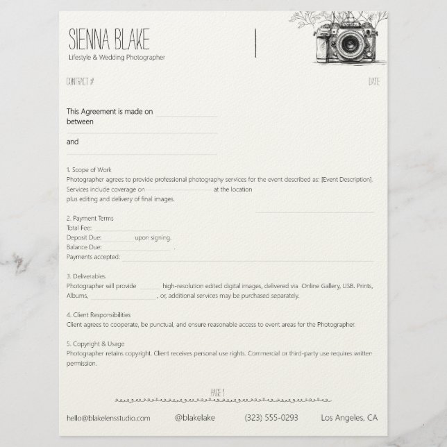 Botanical Camera Photographer Contract – Page 1  Custom Letterhead (Front)