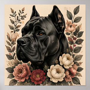 Botanical Cane Corso Floral Dog Portrait Artwork Poster