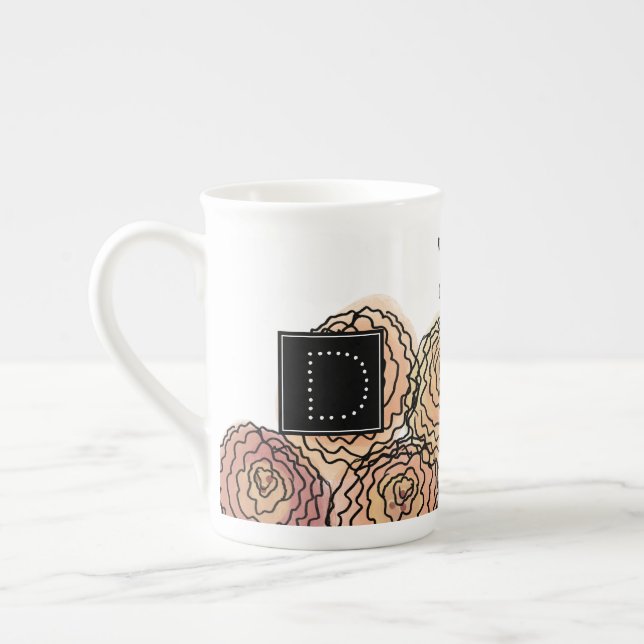 Botanical Carnation Colourful Watercolor Monogram Bone China Mug (Left)