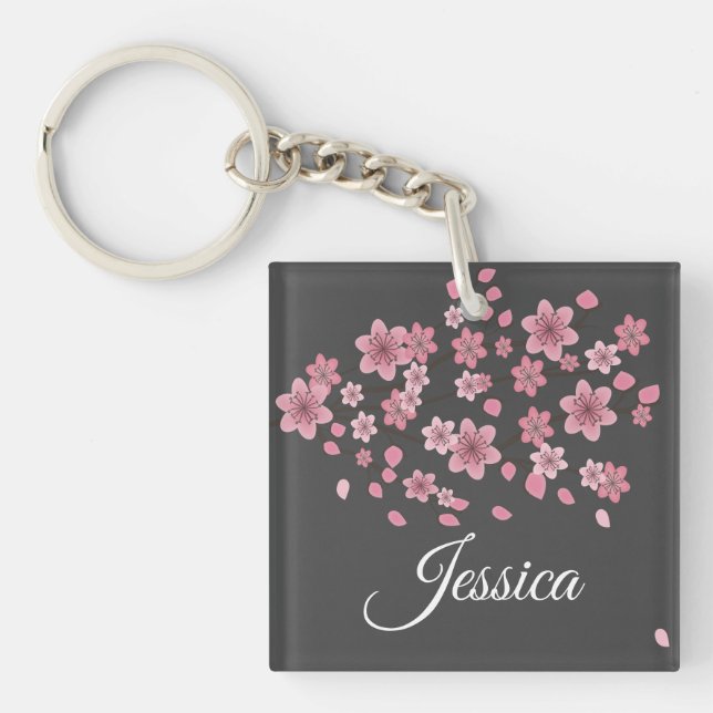 Botanical Cherry Blossom Falling Petals Ombré Art Key Ring (Front)