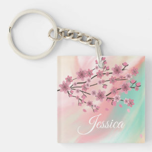 Botanical Cherry Blossom Falling Petals Ombré Art Key Ring
