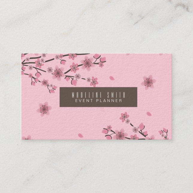 Botanical Cherry Blossom Falling Petals Pink Art Business Card (Front)