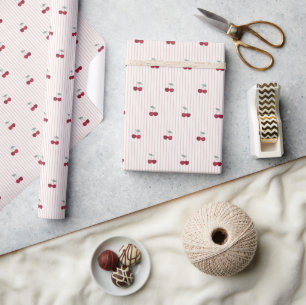 Botanical Cherry Stripe Picnic Birthday Wrapping Paper