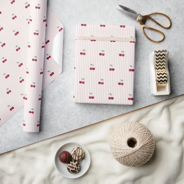 Botanical Cherry Stripe Picnic Birthday Wrapping Paper (Crafts)