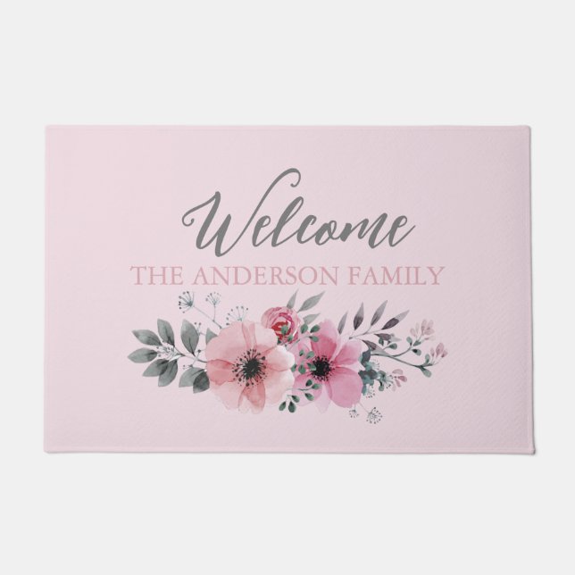 Botanical chic blush pink watercolor floral  doormat (Front)