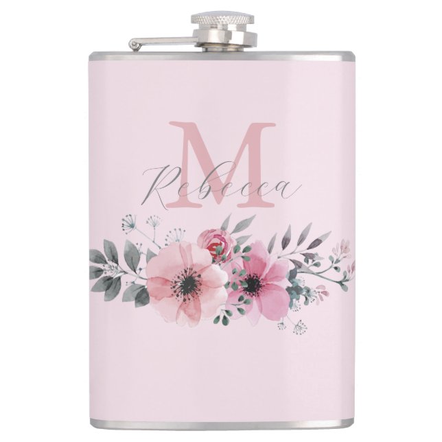 Botanical chic blush pink watercolor floral  hip flask (Front)