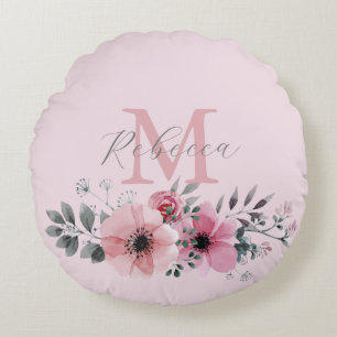 Botanical chic blush pink watercolor floral  round cushion
