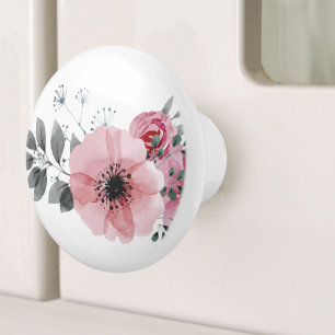 Botanical chic floral elegant grey pink flower ceramic knob