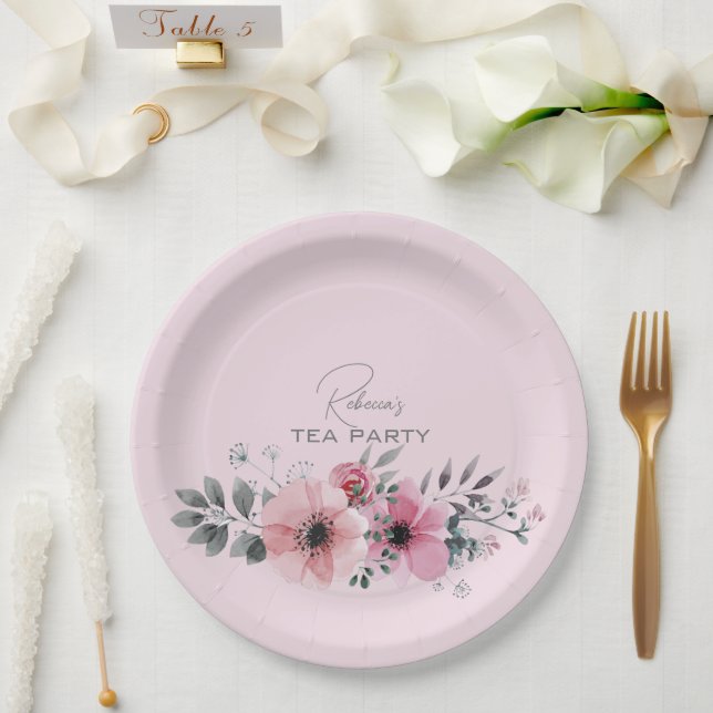 Botanical chic floral elegant grey pink flower paper plate (Wedding)