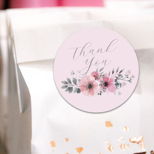 Botanical chic floral grey pink flower Thank you Classic Round Sticker