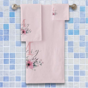 Botanical chic pink watercolor floral monogram bath towel set