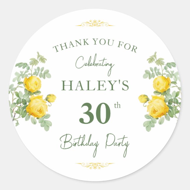 Botanical Chic Yellow & Green Floral 30th Birthday Classic Round Sticker (Front)