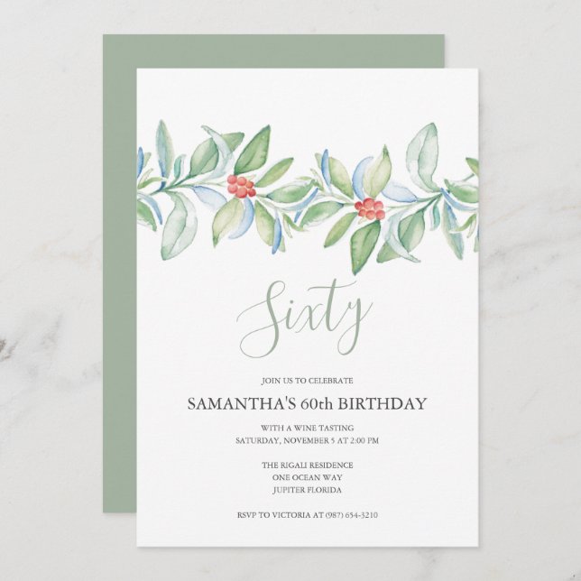 Botanical Christmas 60th Birthday  Invitation (Front/Back)