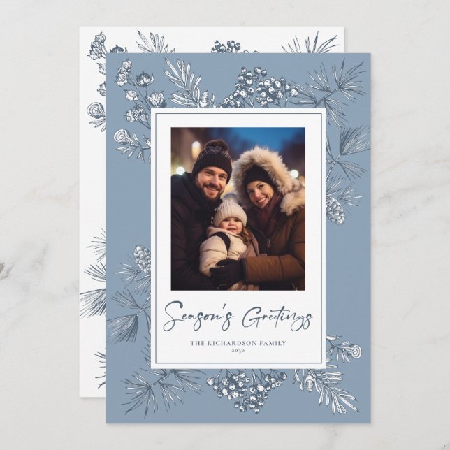 Botanical Christmas Blue Photo Holiday Card (Front/Back)
