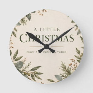 Botanical Christmas Card, Natural Holiday Greeting Round Clock
