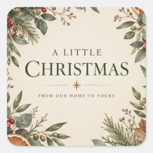 Botanical Christmas Card, Natural Holiday Greeting Square Sticker