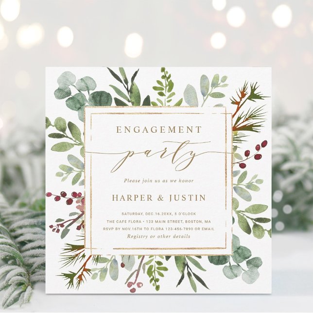 Botanical Christmas Engagement Party Square Invitation (Creator Uploaded)