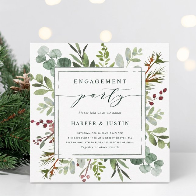 Botanical Christmas Engagement Party Square Invitation (Creator Uploaded)