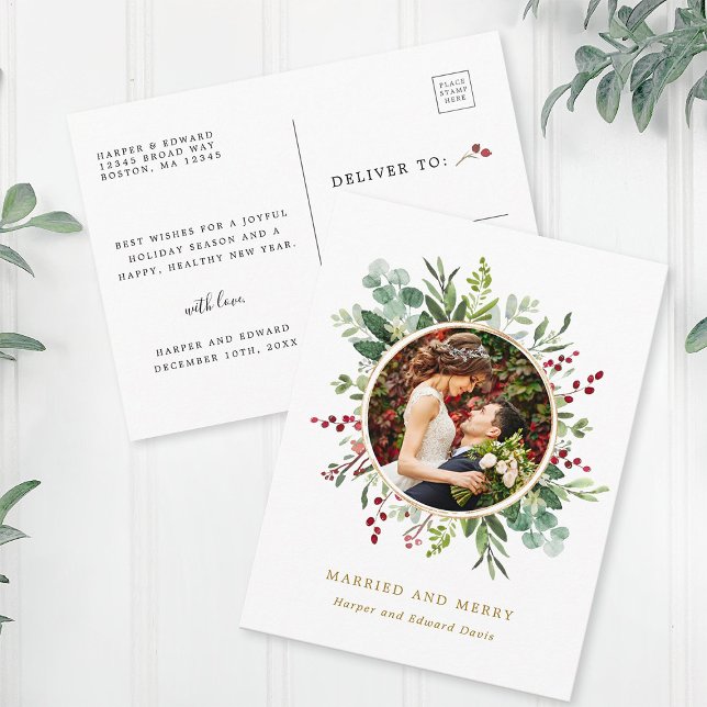 Botanical Christmas Gold Married and Merry Photo Postcard (Front & Back)