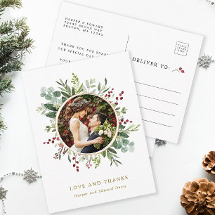 Botanical Christmas Gold Wedding Photo Thank You Postcard