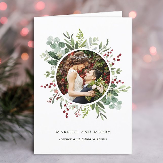 Botanical Christmas Green Married and Merry Photo Holiday Card (Creator Uploaded)