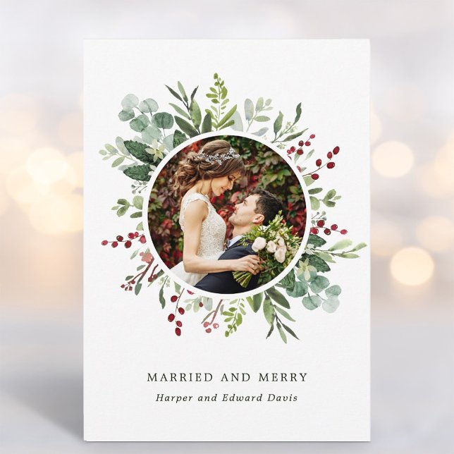 Botanical Christmas Green Married and Merry Photo  Holiday Card (Creator Uploaded)