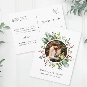Botanical Christmas Green Married and Merry Photo Postcard
