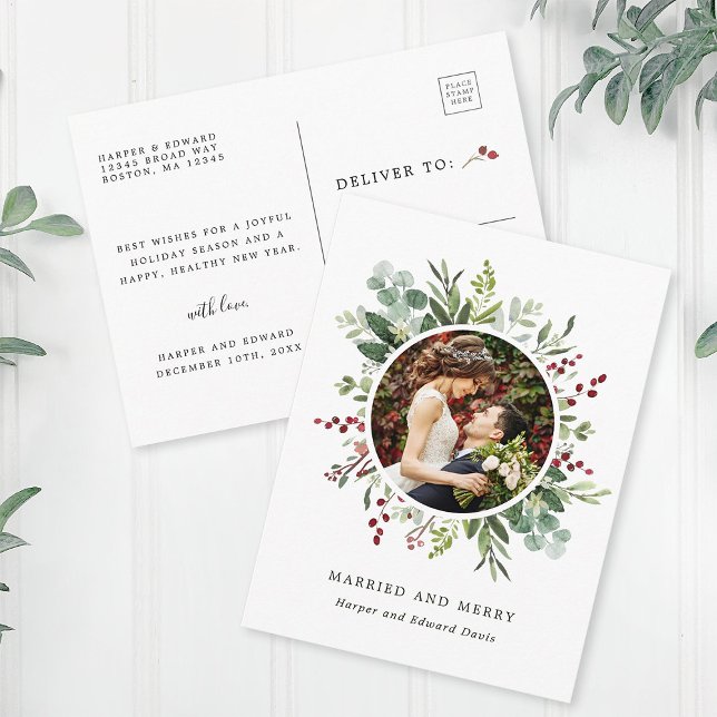 Botanical Christmas Green Married and Merry Photo Postcard (Front & Back)