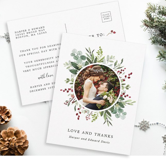Botanical Christmas Green Wedding Photo Thank You  Postcard (Front & Back)