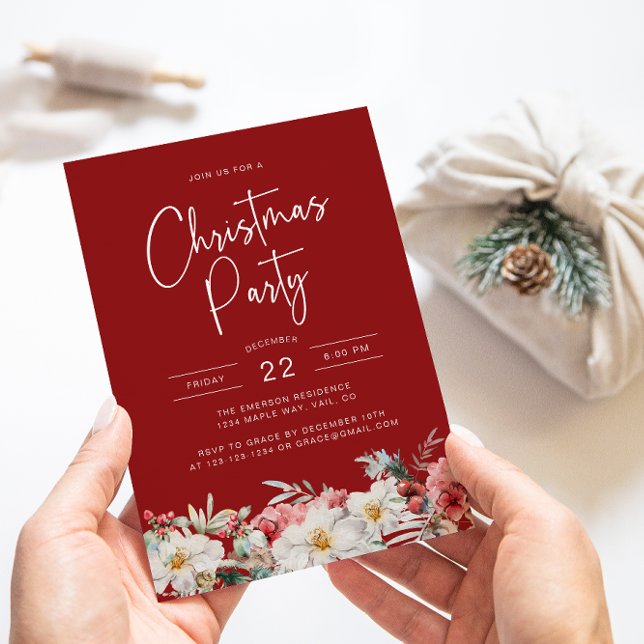 Botanical Christmas Party Invitation (Elegant Red Christmas Party Holiday Invitation Watercolor Berries Botanical Florals)
