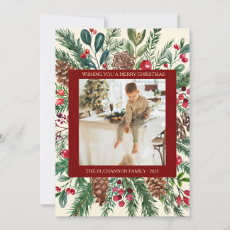 Botanical Christmas Photo Square Green and Holly Holiday Card